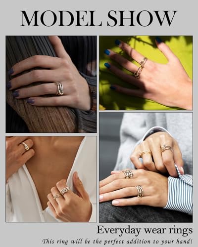TLY Stackable Gold Rings for Women Interlocking Ring Stack Set non tarnish | 18K Gold Silver Plated Mixed Metal Statement Rings Waterproof Cubic Zirconia Fashion Connected Band Thumb Ring Size 4-11 - color: 02.Solarium set (two gold rings)