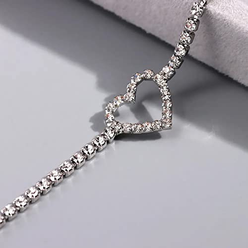Fesciory Heart Rhinestone Ankle Bracelets for Women, Adjustable Silver Plated Shiny Tennis Anklets, Twinkle Cubic Zircon Imitation Diamond Anklet Foot Chain Jewelry Gifts - color: Hollow Heart1