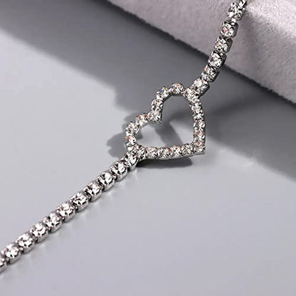 Fesciory Heart Rhinestone Ankle Bracelets for Women, Adjustable Silver Plated Shiny Tennis Anklets, Twinkle Cubic Zircon Imitation Diamond Anklet Foot Chain Jewelry Gifts - color: Hollow Heart1