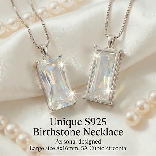 8mm x 16mm Square Birthstone Pendant Necklace – Fashion charming Sterling Silver Gift for women - color: April