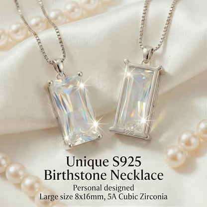 8mm x 16mm Square Birthstone Pendant Necklace – Fashion charming Sterling Silver Gift for women - color: April