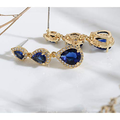 Women's Cubic Zirconia Bridal Earrings - Elegant Long Wedding Party Prom Earring for Bride Bridesmaids Crystal CZ Rhinestone Chandelier Statement Dangle Drop Earrings for Women - color: Blue