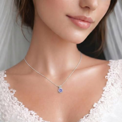 Mariell Cubic Zirconia Crystal Pendant Necklace for Women, 2 Carat 8mm CZ, for Brides, Wedding, Mother's Day Jewelry Gift - color: Silver-Purple Cubic Zirconia