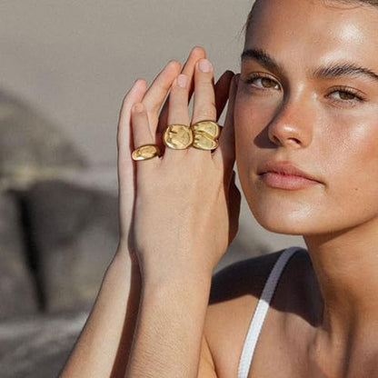 HUASAI Gold Stackable Rings Set for Women Boho Dainty Moon Star Pearl Leaf Cubic Zirconia Heart Midi Pinky Trendy Jewelry Birthday Gifts - color: B6 Gold Chunky Rings 3 Pcs
