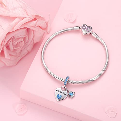 Birthstone Charms for Charms Bracelet: 925 Sterling Silver Heart Dangle Charms for Bracelets and Necklaces, Birthday Mother's Day Christmas Gifts For Women. - color: December