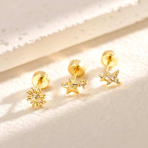 3 Pair Tiny Flat Back Earrings for Women - 14K Gold/White Gold Plated Dainty Cute Small Screw Flatback Stud Earring, Everyday Wear Gift - color: Star&Sun Flat-5/6/7mm Gold
