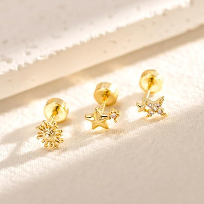 3 Pair Tiny Flat Back Earrings for Women - 14K Gold/White Gold Plated Dainty Cute Small Screw Flatback Stud Earring, Everyday Wear Gift - color: Star&Sun Flat-5/6/7mm Gold
