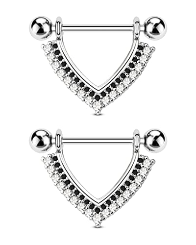 Teardrop Nipple Shield Rings 316L Stainless Steel Nipple Piercing Jewelry 14g Nipple Retainer Barbells Body Piercing for Women 2pcs Double Clear CZ Paved Nipple Bars