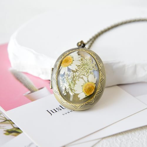 Vintage Photo Locket Necklace Handmade Pressed Flower Locket Necklace for Women - style: White Daisy(1.53"x 1.85")