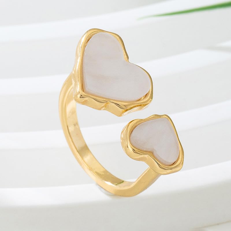 Retro Enamel Double Hearts Open Statement Ring for Women Fashion Simple Asymmetry Love Hearted Wrap Finger Knuckle Adjustable Bands Rings Gold Plated Wedding Eternity Promise Engagement Jewelry - color: White