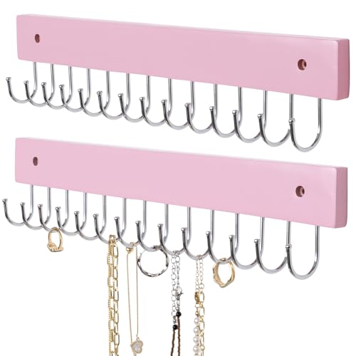 SCUNDA Wall Mounted Necklace Holder, Morden Style Necklace Holder, Tangle Free Wall Jewelry Organizer with 28 Hooks(2 Packs,Pink) - color: Pink