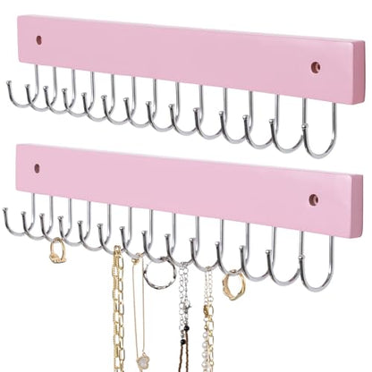 SCUNDA Wall Mounted Necklace Holder, Morden Style Necklace Holder, Tangle Free Wall Jewelry Organizer with 28 Hooks(2 Packs,Pink) - color: Pink