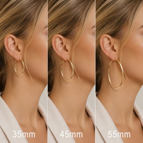 14K Gold Hoop Earrings for Women, Classic Minimalist Medium & Large Gold Hoops, Lightweight Round Hoop Earrings, Available in 35/45/55mm - size: 55MM