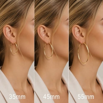 14K Gold Hoop Earrings for Women, Classic Minimalist Medium & Large Gold Hoops, Lightweight Round Hoop Earrings, Available in 35/45/55mm - size: 35MM