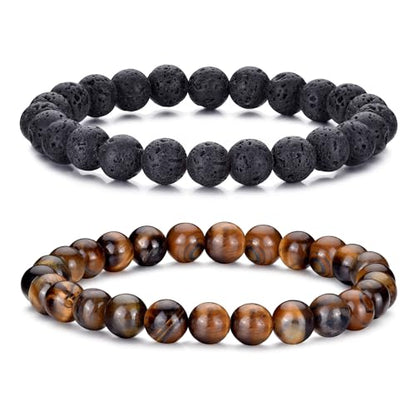 Mens Bead Bracelet Set - Adjustable Elastic Rope With 6&8MM Natural Stone Multi-Colored Beads - Tiger Eye Bracelets for Men - Gift - style: 2,Tiger eye,Lava beads