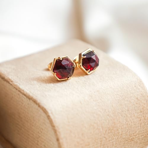 Gempires Hexagon Gemstone Stud Earrings for Women, 14K Gold Plated Hypoallergenic Prong Bezel, Faceted 8mm Crystal Minimal Jewelry Gift