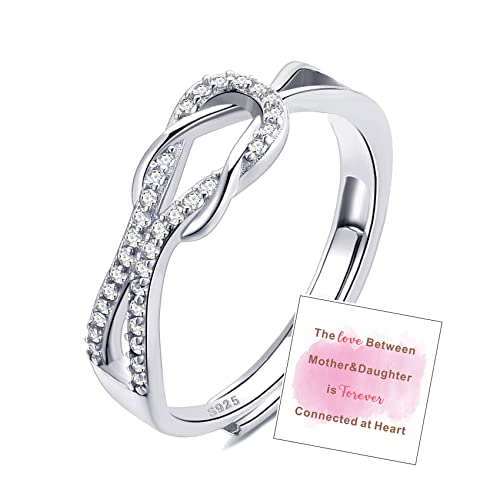 OOOPEL Sterling Silver Adjustable Ring S925 Silver Rings for Women Cubic Zirconia Twist Love Knot Dainty Ring Silver Minimalist Open Finger Rings Silver Thumb Sterling Silver Ring - color: To My Daughter,link ring