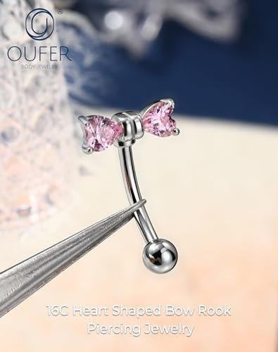 OUFER 16G Rook Earring Piercing Jewelry-316L Surgical Steel Pink Clear CZ Bow Eyebrow Rings, 6/8MM Curved Barbell Vertical Labret Lip Piercing Jewelry - color: Silver-PK