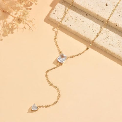 Dainty Y-Shaped Lariat CZ Drop Charm Pendant Necklaces for Women - color: Rectangle-CZ-GD