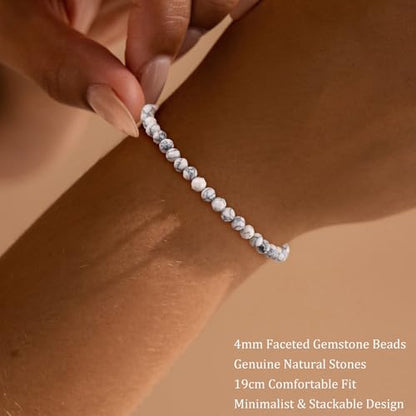 Natural Faceted Crystal Bracelet for Women,4mm Gemstone Round Beads Bracelets Adjustable Stretchy Healing Crystal Beads Bracelets Dainty Jewelry Gift - color: Howlite