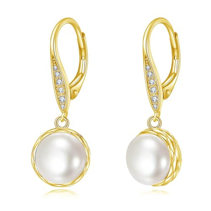 925 Sterling Silver 8mm Pearl Dangle Drop Earrings Moonstone Larimar Opal Rose Quartz Black Pearl Leverback Earrings for Women Christmas Gifts for Her - style: Gold Plated Pearl Earrings