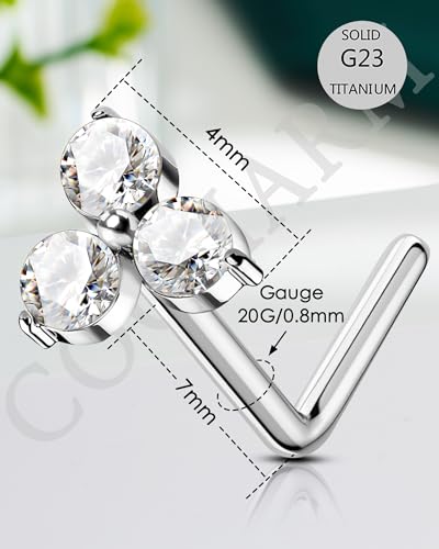 COCHARM Minimalist Titanium Nose Stud, 20g L Shape Flower Nose Ring Stud Cute G23 Titanium Surgical Steel Silver Nostril Piercing with Clear CZ Hypoallergenic - style: TripleCZ-Silver