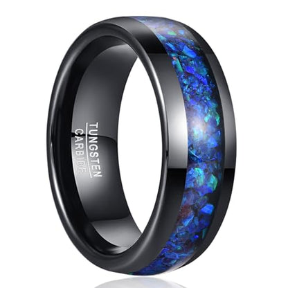 NUNCAD Black Tungsten Ring, Men's Wedding Rings with Blue/Amethyst/Galaxy Opal Ring 4mm 8mm Engagement Promise Ring Comfort Fit Size 5-12 - color: Blue Opal & 8mm