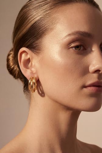 Chunky Gold Hoop Earrings for Women 14k Gold Plated Thick Triple Earrings | Hypoallergenic Trendy Chunky Gold Hoops Earrings,Dainty Jewelry Gifts for Women - style: 30MM/tripe hoop earrings