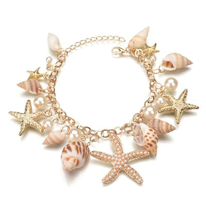 Starfish Shell Bracelet Gold Chunky Starfish Bracelet Bohemian Pearl Charm Bracelet Mermaid Costume Jewelry for Women (Gold)