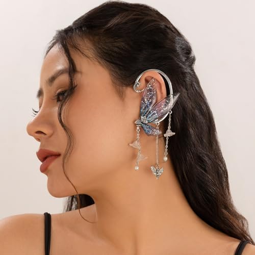 Ear Cuffs for Women, Hook without Pierced Ear Bone Clip Climber Earrings, Butterfly Shaped Ear Clip Wrap Around Earring No Piercing Cuff Earrings for Women - color: Blue