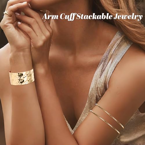 6 Pieces Upper Arm Cuff Arm Band Cuff Bangle Bracelet for Women Hammered Chunky Bracelets Open Wide Wire Bracelets Minimalist Coil Bangle Set Gold Sliver Wrist Cuff Wrap Bracelet Adjustable - color: Gold Cuff Bracelets A