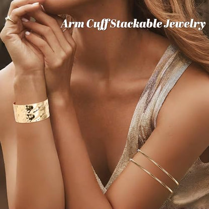 6 Pieces Upper Arm Cuff Arm Band Cuff Bangle Bracelet for Women Hammered Chunky Bracelets Open Wide Wire Bracelets Minimalist Coil Bangle Set Gold Sliver Wrist Cuff Wrap Bracelet Adjustable - color: Gold Cuff Bracelets A