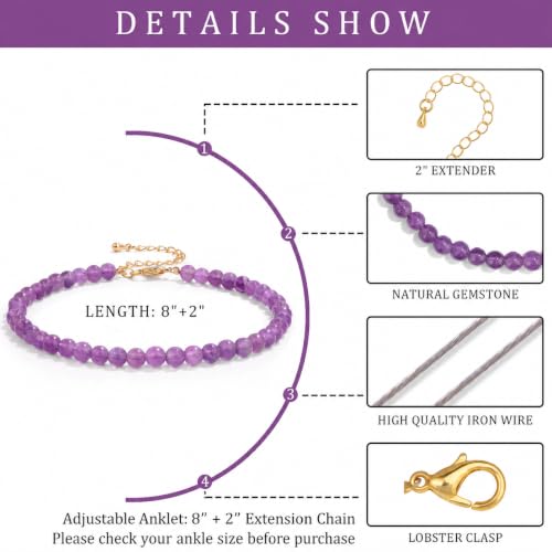 Natural Stone Beaded Anklets for Women, Handmade Boho Clear Quartz 4mm Crystal Beads Anklet, Gold Chain Adjustable Ankles Bracelet, Beach Summer Jewelry Gemstone Foot Bracelet Gift - color: Amethyst
