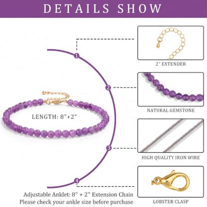 Natural Stone Beaded Anklets for Women, Handmade Boho Clear Quartz 4mm Crystal Beads Anklet, Gold Chain Adjustable Ankles Bracelet, Beach Summer Jewelry Gemstone Foot Bracelet Gift - color: Amethyst