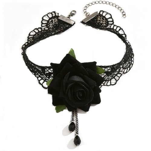 Gothic Lace Flower Choker Necklace for Women Vintage Red Black Rose Flower Crystal Pendant Necklaces Victorian Lolita Hollowed Out Layer Necklaces Punk Vampire Cosplay Party Costume Jewelry Accessories - color: Black