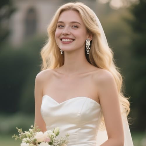 Bridal Statement Clip-on Earrings for Women Gorgeous Shiny Rhinestones Simulated Pearl Multi Beaded Cluster Chandelier Dangle Jewelry for Wedding Party Prom - color: Clear Gold-Tone