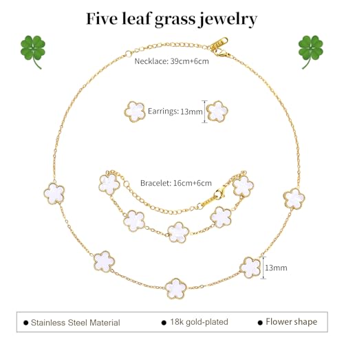 AmorArtSky Lucky Clover Jewelry Set - 18K Gold Plated Flower Design Five Leaf Bracelet, Necklace Pendant, Earrings for Women - Lucky Gifts for Mom, Wife, Daughter, Friends - style: Lucky Clover Jewelry Sets_White