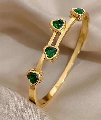 hotoo Gold Plated Bangle Bracelet for Women - style: Green Zircon Heart
