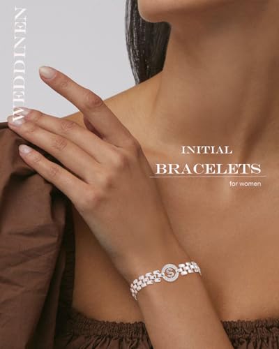 WEDDINEN Initial Bracelets for Women, 14K Gold Plated Letter A-Z Bracelets with Diamonds,Thick Chain Bracelet for Women trendy Jewelry Gifts - color: Silver-P