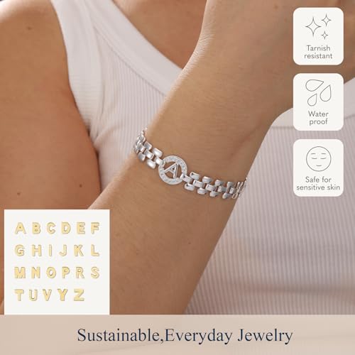 WEDDINEN Initial Bracelets for Women, 14K Gold Plated Letter A-Z Bracelets with Diamonds,Thick Chain Bracelet for Women trendy Jewelry Gifts - color: Silver-I