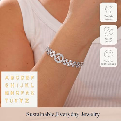 WEDDINEN Initial Bracelets for Women, 14K Gold Plated Letter A-Z Bracelets with Diamonds,Thick Chain Bracelet for Women trendy Jewelry Gifts - color: Silver-I