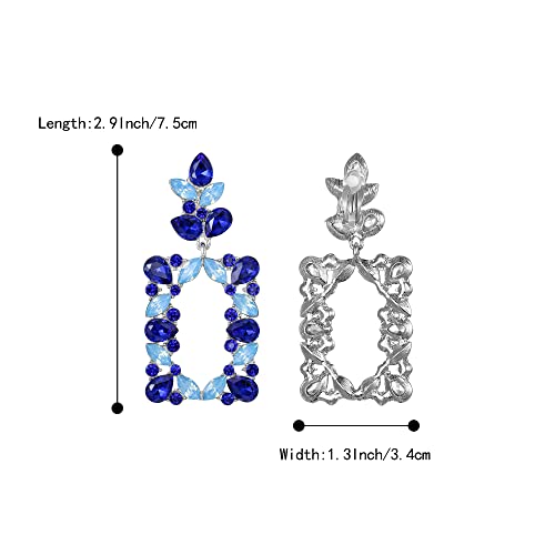 Clip-on Dangle Earring Earrings Art Deco Sparkly Rhinestone Marquise Teardrop Rectangle Geometric Statement for Women - color: Navy Blue Silver-Tone