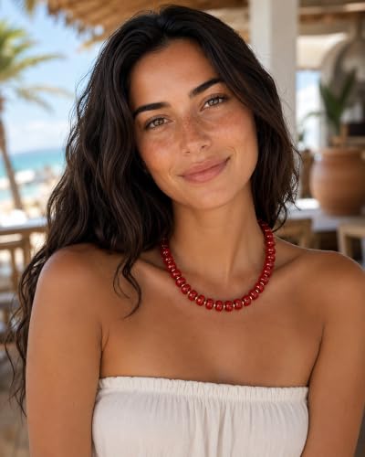 Boho Colorful Chunky Beaded Necklace for Women Trendy Resin Statement Choker Necklaces Summer Beach Style Womens Vacation Fashion Jewelry Gifts Accessories - color: Bright Red