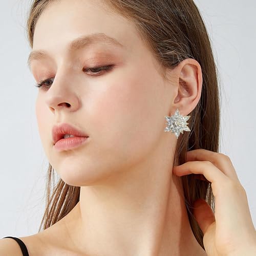 Crystal Flower Burst Stud Earrings Large Big Sparkly CZ Cubic Rhinestone Floral Cluster Flower Stud Earrings Bridal Wedding Party - color: Clear