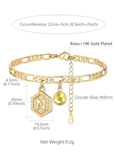 Custom4U Personalized Initial Ankle Bracelets for Women 14K Gold Plated Dainty CZ Birthstone Hexagon Letter Initial Anklets for Women Adjustable Silver/Gold Foot Chain Summer Beach Jewelry Gifts - color: Gold Hexagon-N