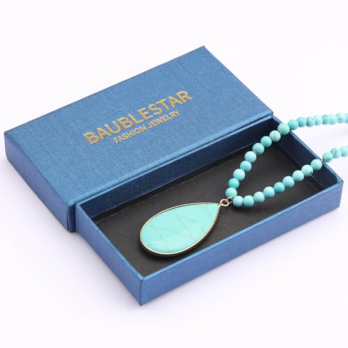 BaubleStar Teardrop Natural Crystal Healing Stone Pendant Necklace | Birthstone Quartz Necklace for Women, Multi-Color Available - color: Turquoise/Beaded Chain