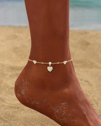 Anklets for Women Waterproof 14K Gold Plated Beach Ankle Bracelets | Dainty Summer Butterfly Clover Anklet Non Tarnish, Heart Bow Anklet, Layered Beach Jewelry, Accessories for Women Trendy - color: Gold 10