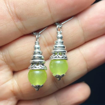 Natural 10mm Stone Beads Drop Earrings,Retro Silver Round Quartz Crystal Gemstone Beads Dangle Earrings for Women - color: A02_Apple-Green Jade