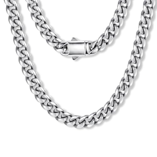 Gold Cuban Link Chain for Men Mens Stainless Steel Miami Curb Chains Necklace 5/8/10/12/14mm Thick Real Gold/Silver/Black Plated Diamond Cut Non-Tarnish Jewelry Trendy Gifts 16-30 Inch with Gift Box - color: 10mm Width - Stainless Steel, size: 18 in (46 c