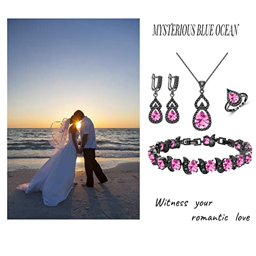LMXXVJ Women Jewelry Set Platinum Plated Necklace Open Ring Earrings Bracelet Set,Birthday/Anniversary Mother’s Day Jewelry Gifts for Mom/Wife/Sister/Best Friend - color: Black Gun-Pink